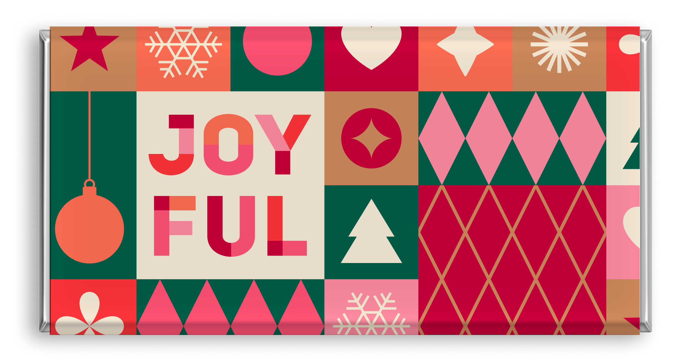 Chocolate bar with abstract design featuring 'Joy' and various elements.