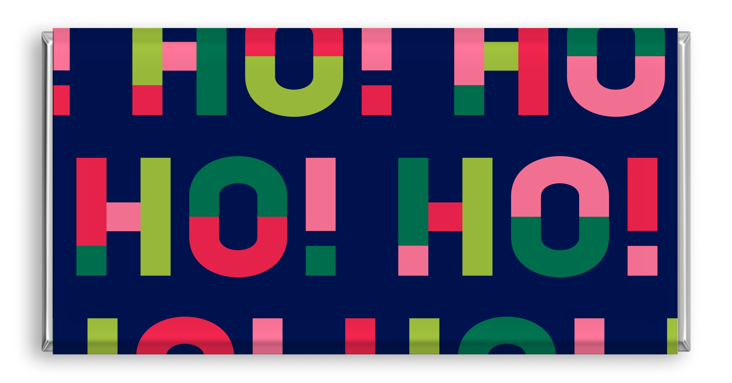 Chocolate bar with abstract design featuring 'HO HO HO'.