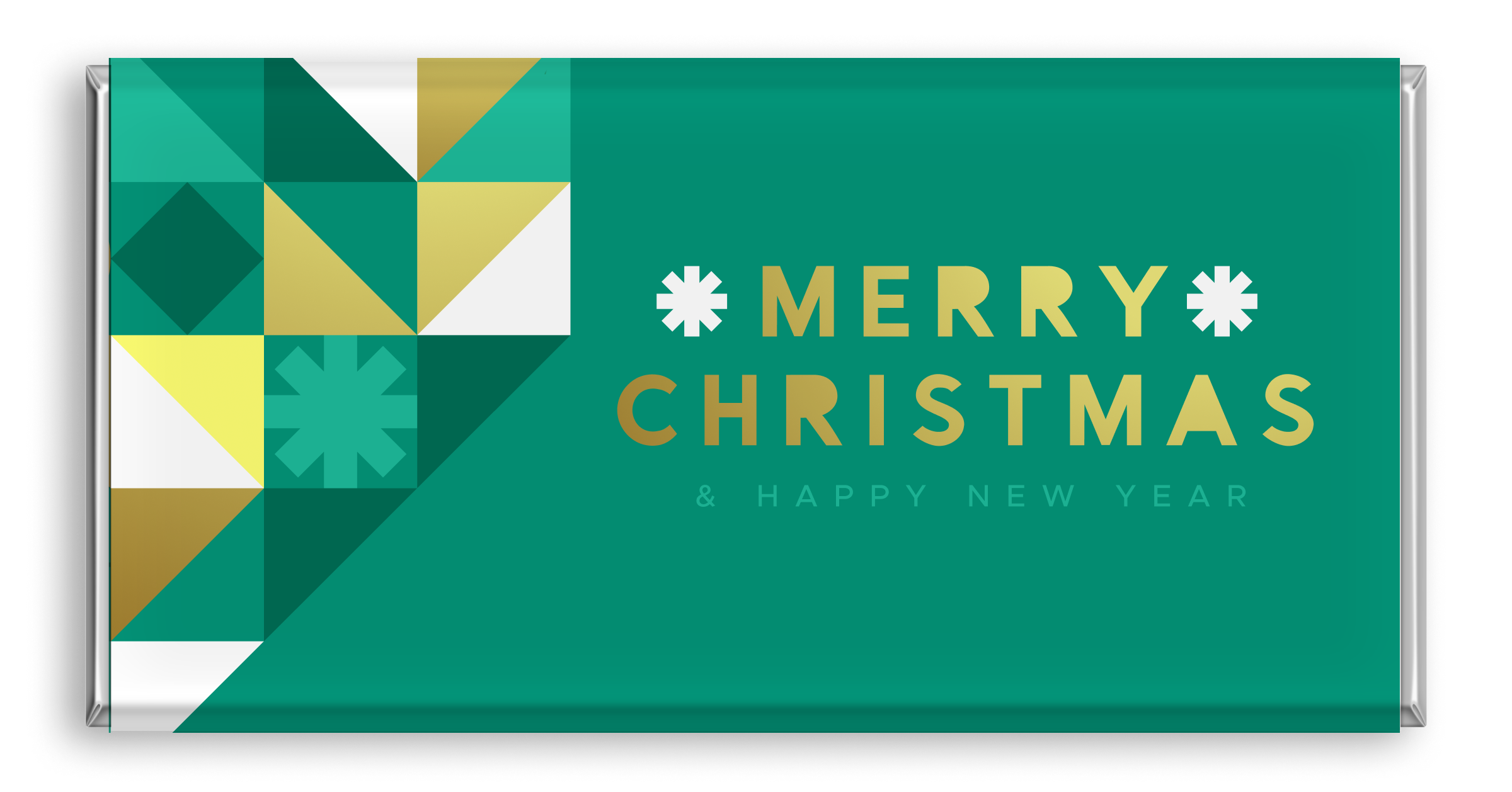 Chocolate bar with abstract Merry Christmas design featuring green and gold triangle elements.