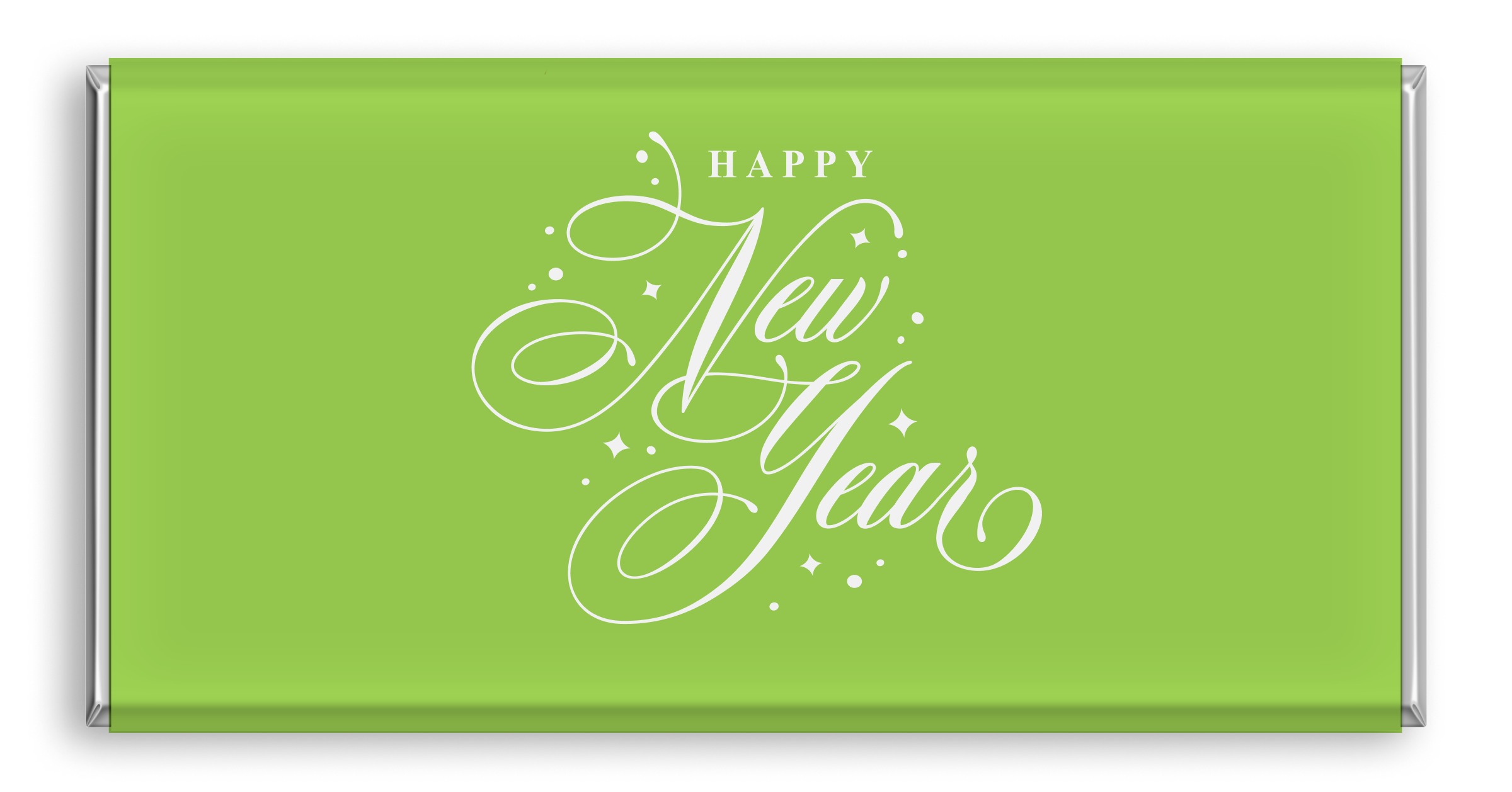 Chocolate bar with modern 'Happy New Year' design in light yellow green colours.