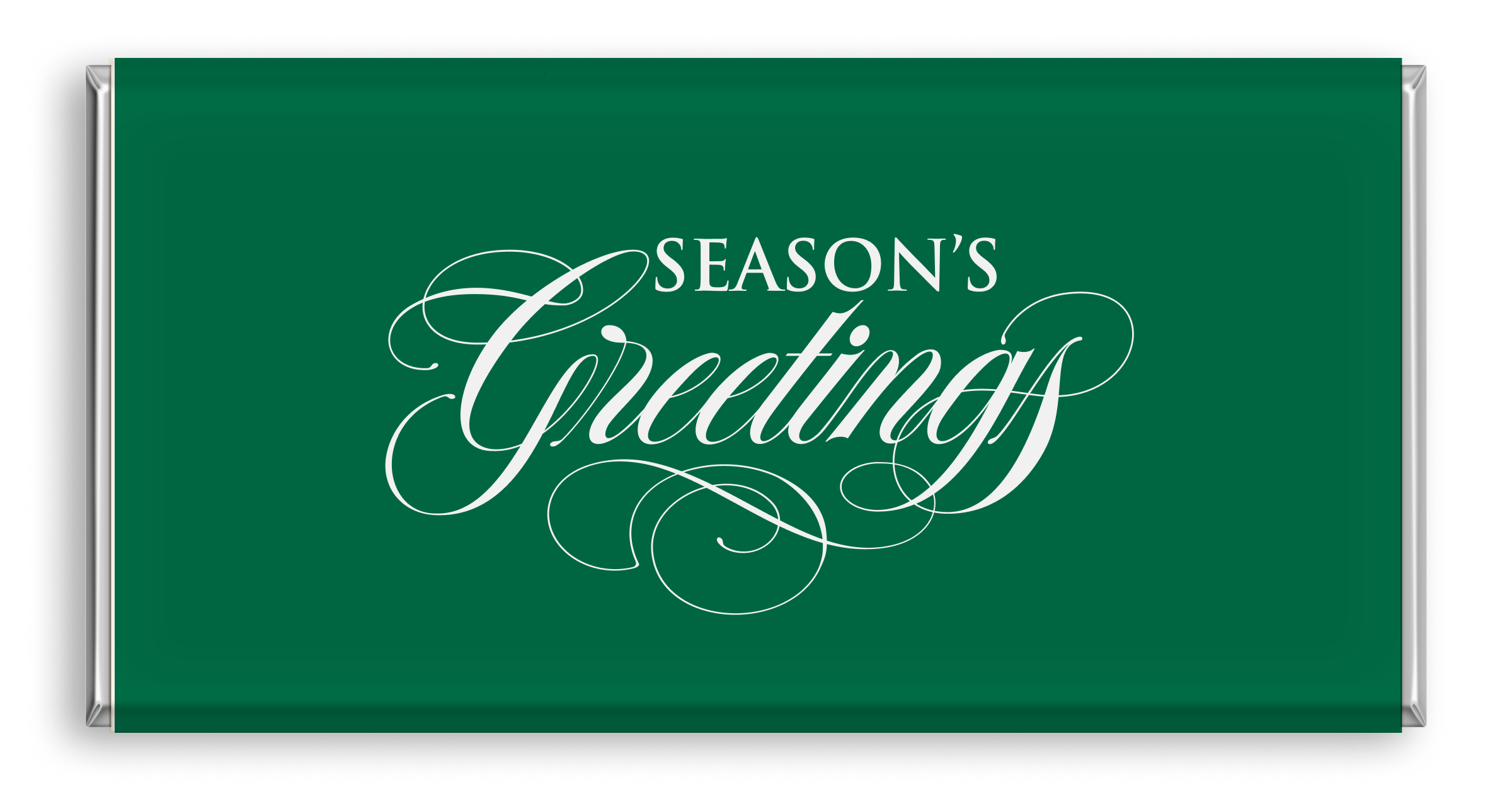 Chocolate bar with green Season's Greetings design.