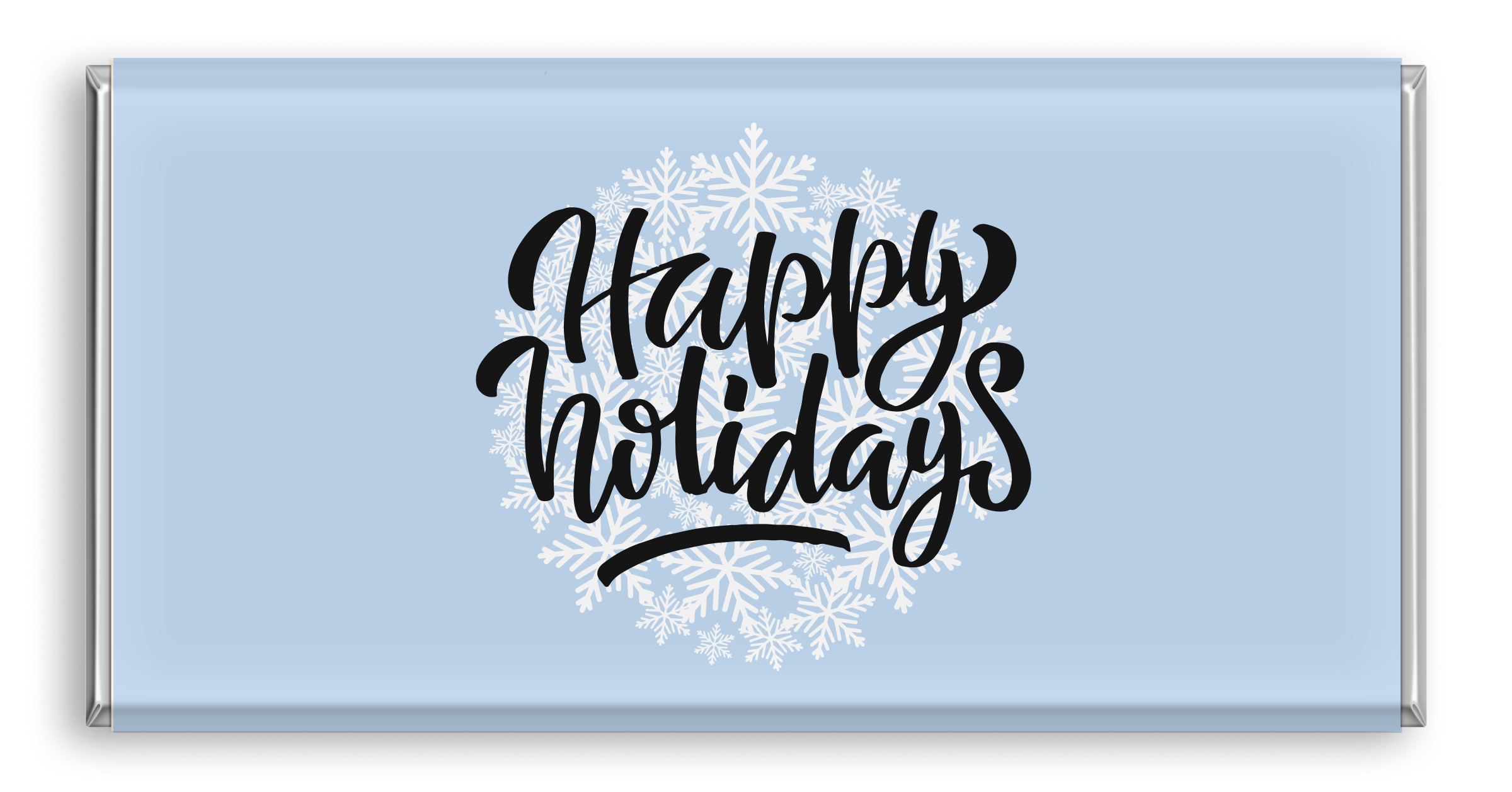 Chocolate bar with light blue typography and snowflake design, saying 'Happy Holidays'.