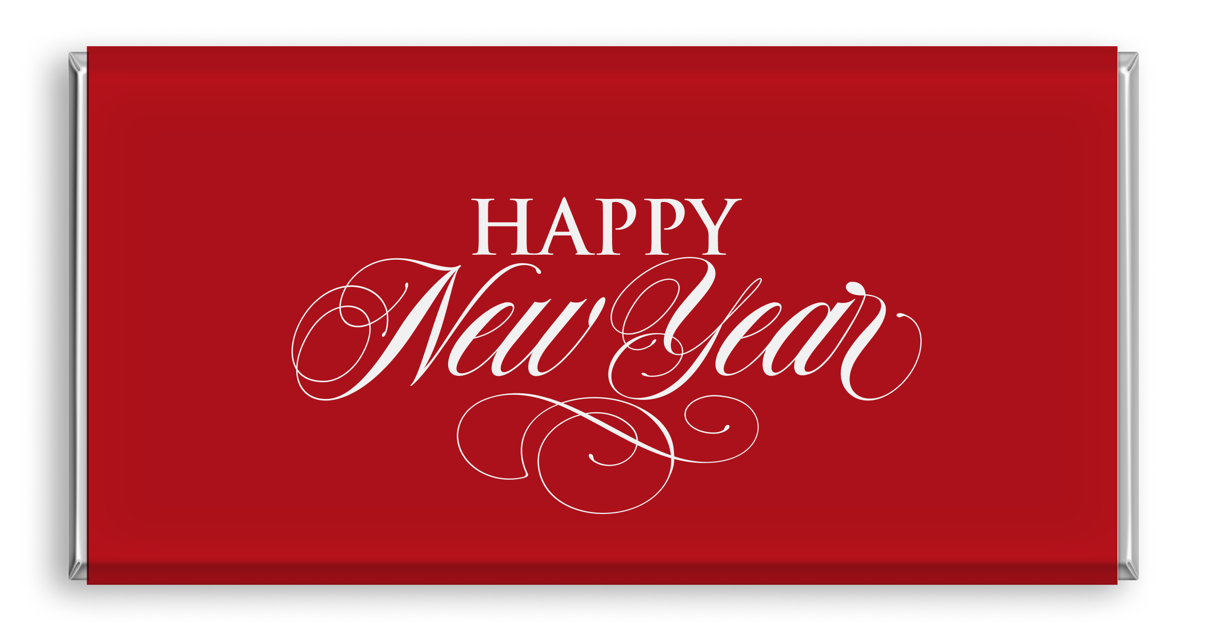 Chocolate bar with modern 'Happy New Year' in red design.