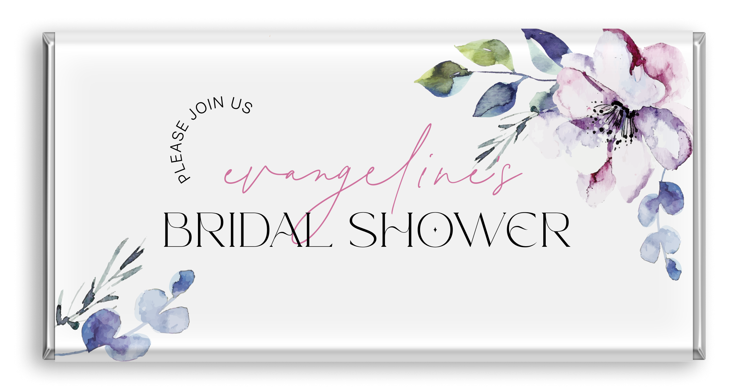 Chocolate bar with purple flowers bridal shower design.