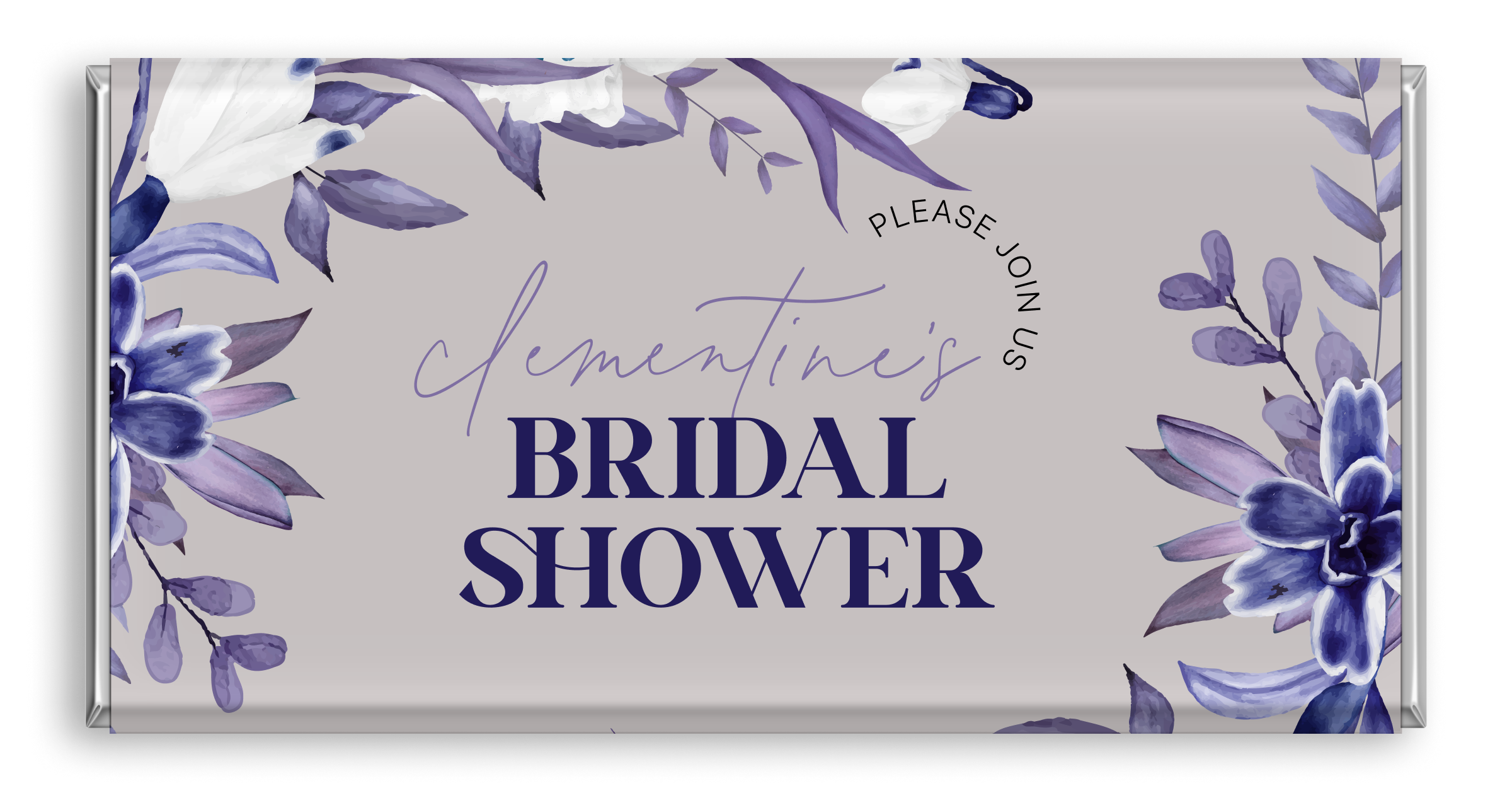 Chocolate bar with purple flowers bridal shower design.