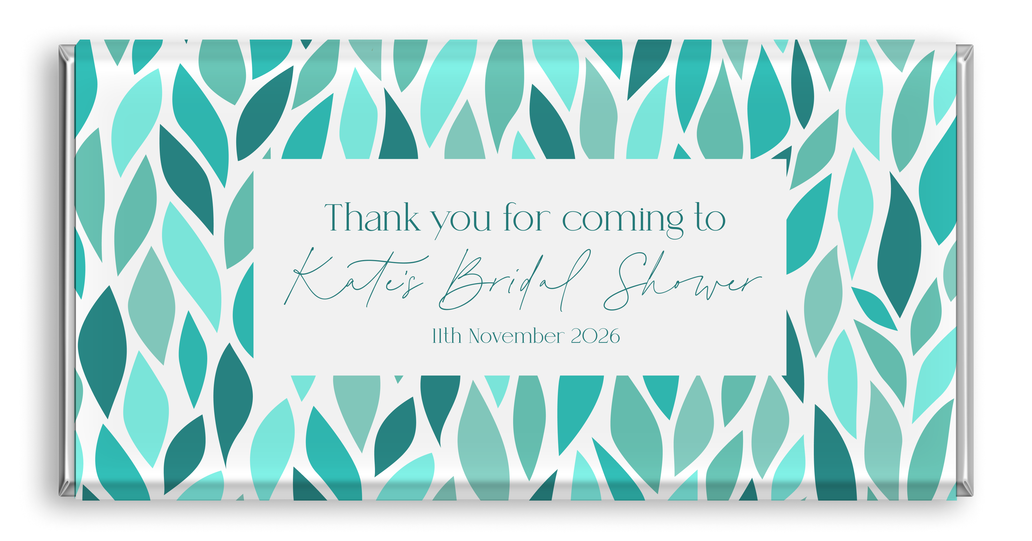 Chocolate bar with green and teal leaves design.