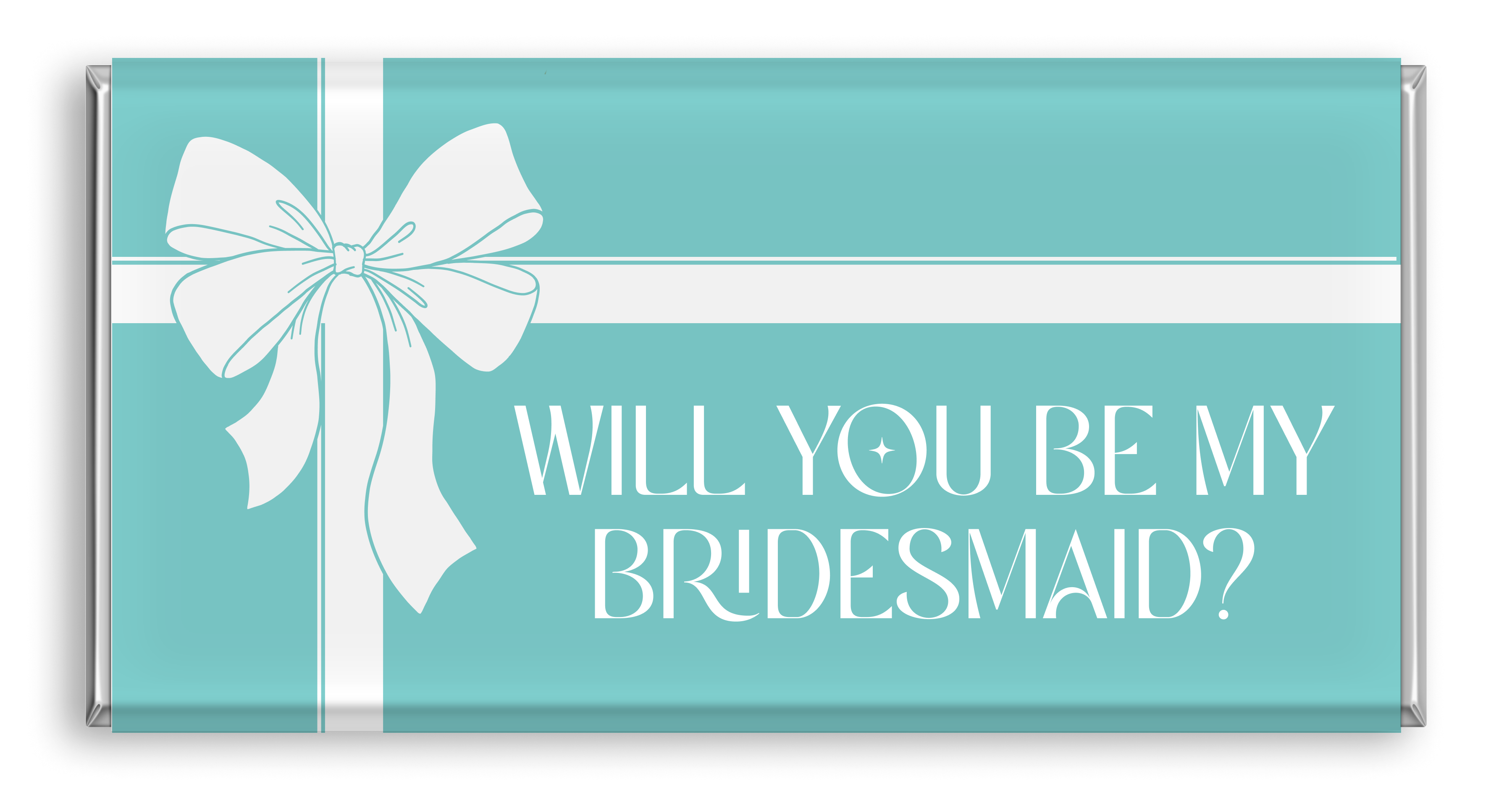 Chocolate bar with tow tie in teal tones and "Will you be my bridesmaid".