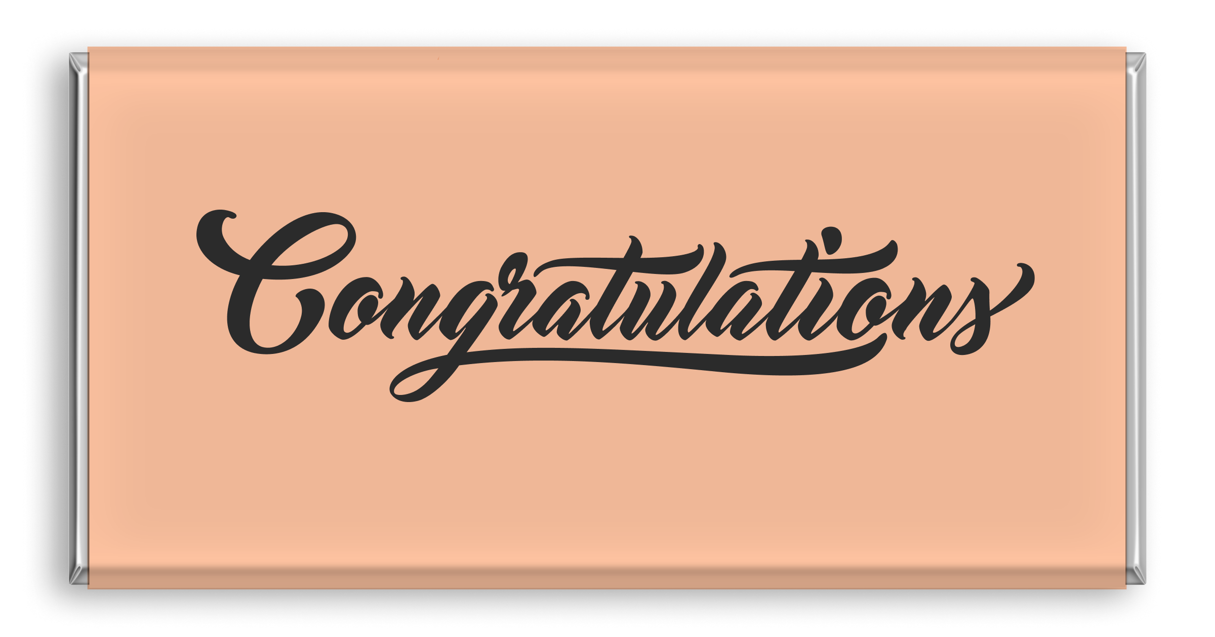 Chocolate bar with orange 'Congratulations' design.