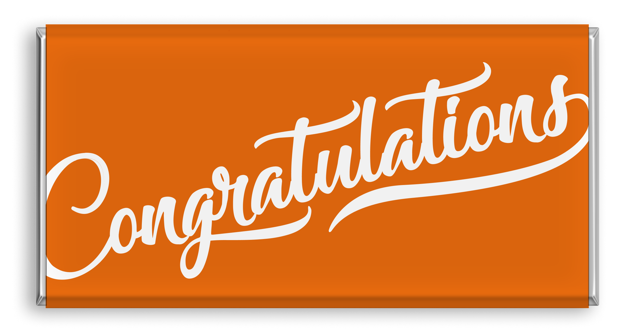 Chocolate bar with orange 'Congratulations' design.