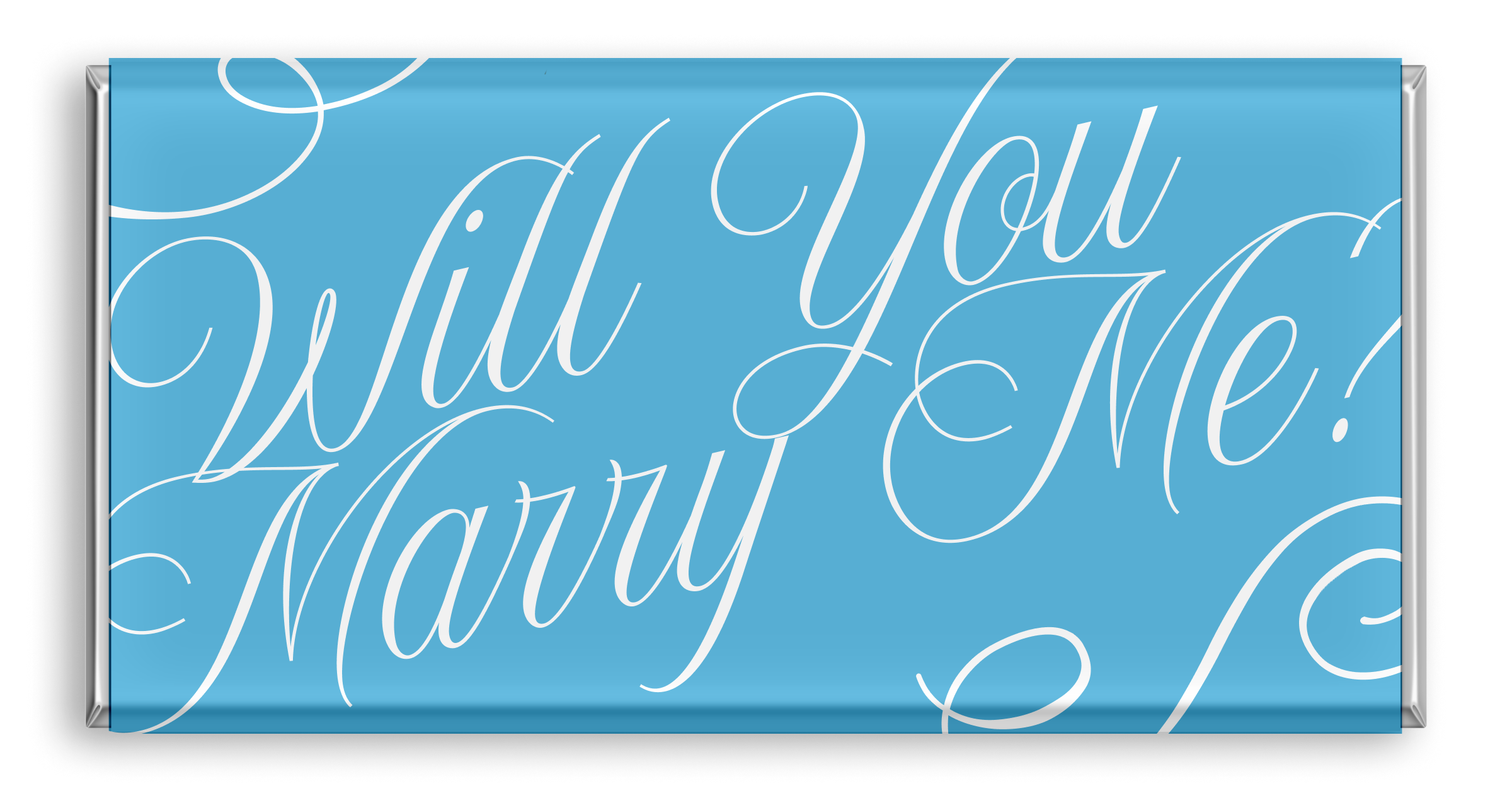 Chocolate bar with blue and "Will You Marry Me?".