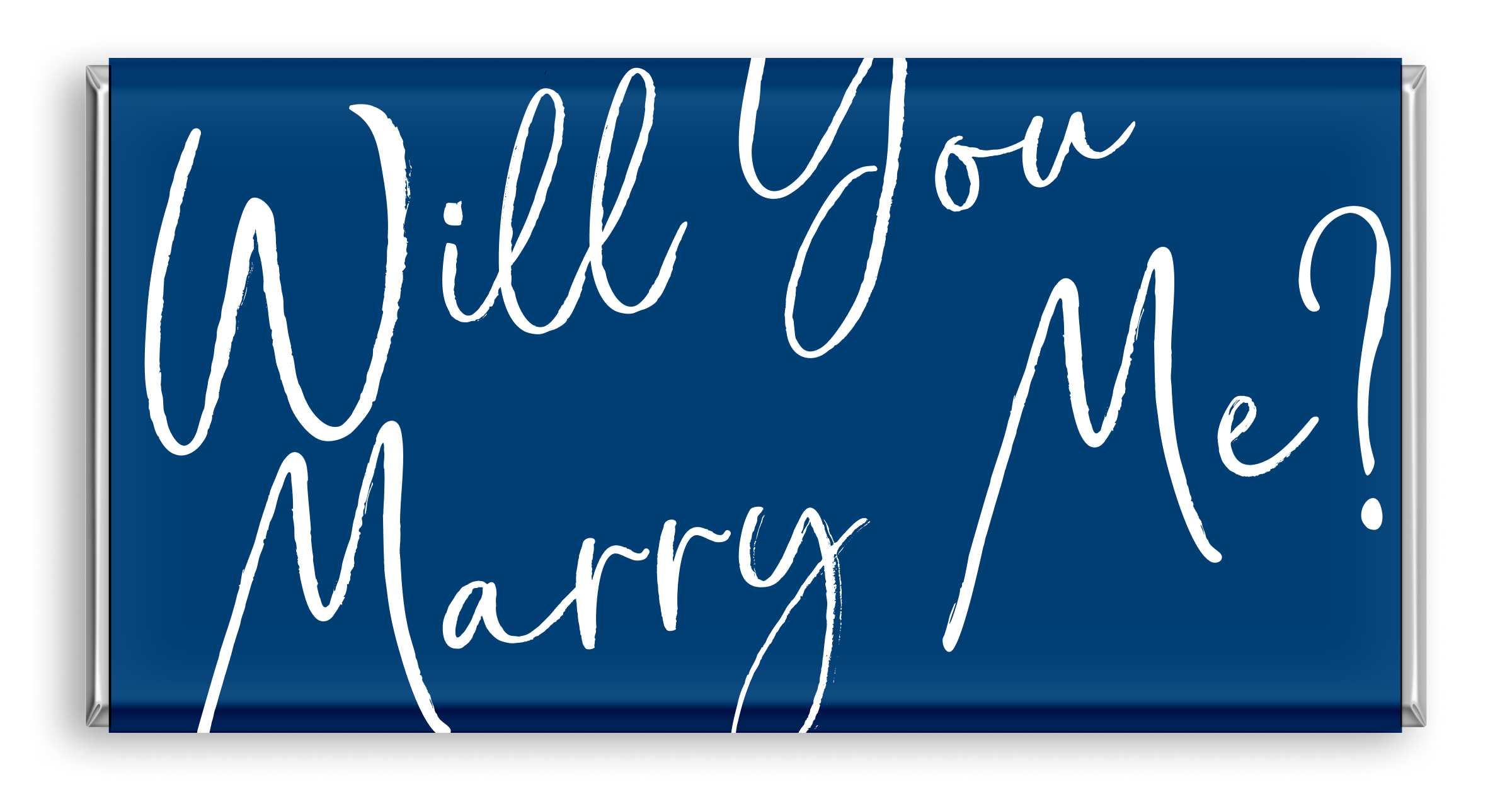 Chocolate bar with blue and "Will You Marry Me?".