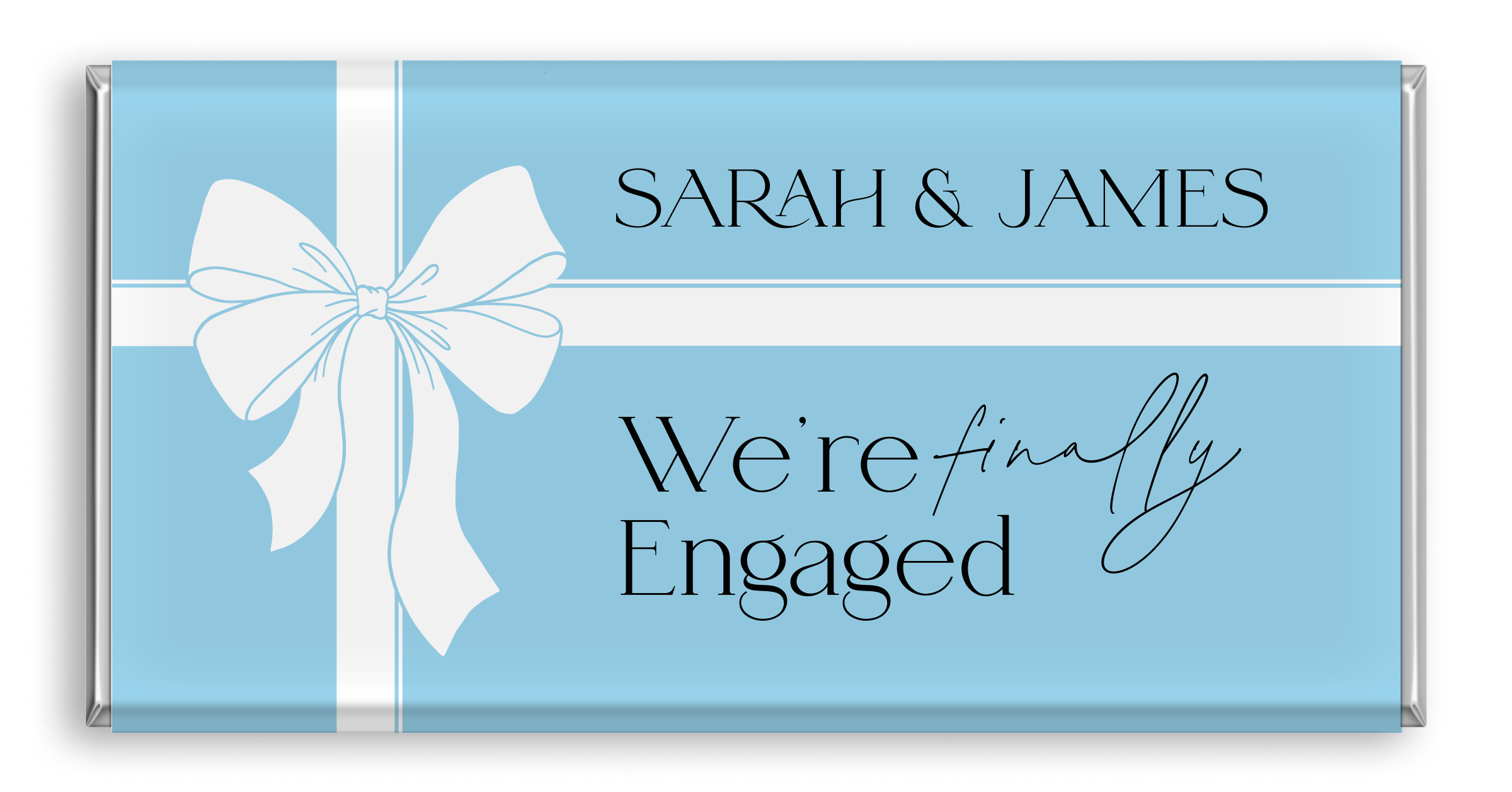 Chocolate bar with blue and "Engaged".