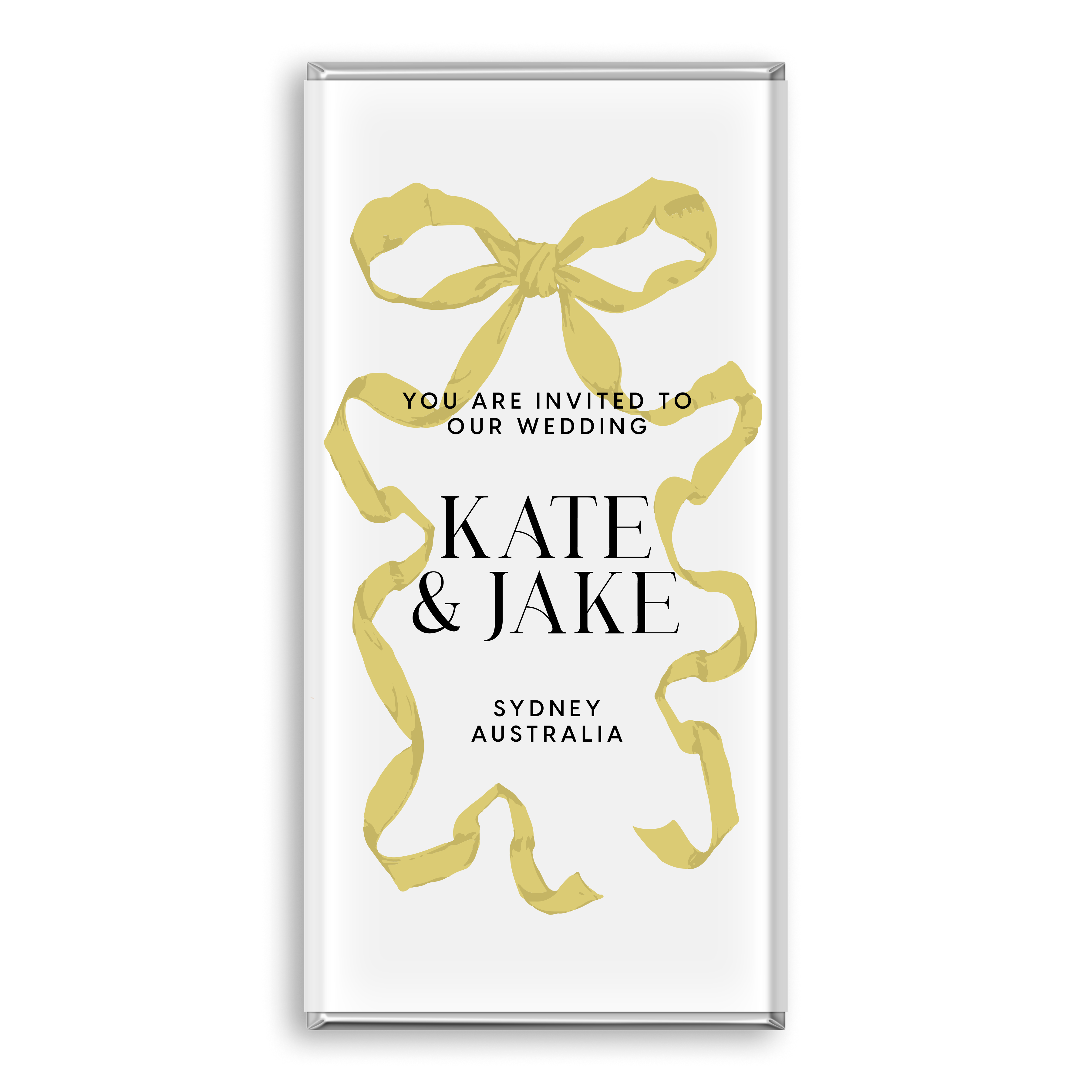 Elegant wedding chocolate bar with a yellow bow tie, personalised for bridal celebrations.