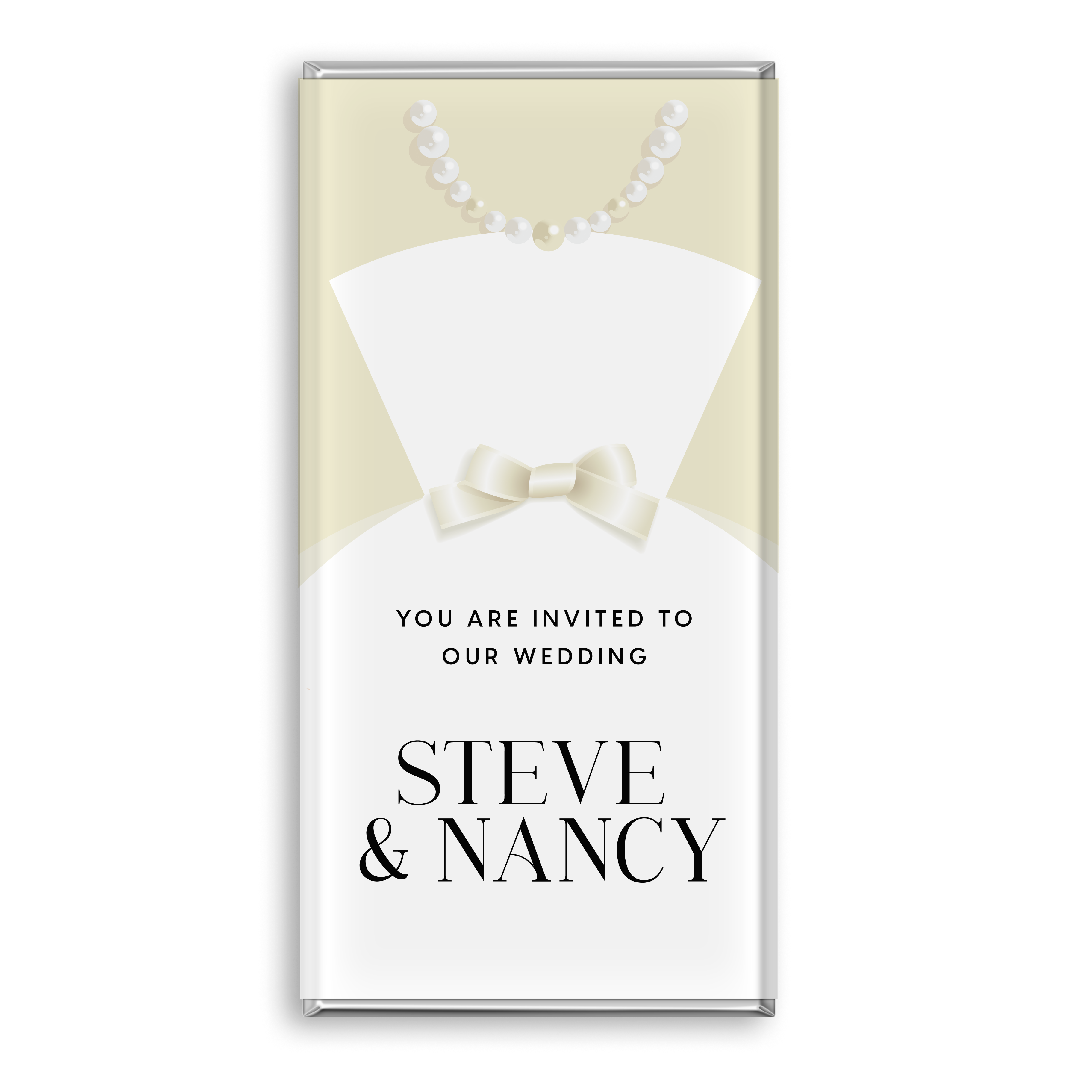 Personalised bridal wedding chocolate bar wrapped in nude colours, featuring custom names and wedding date.