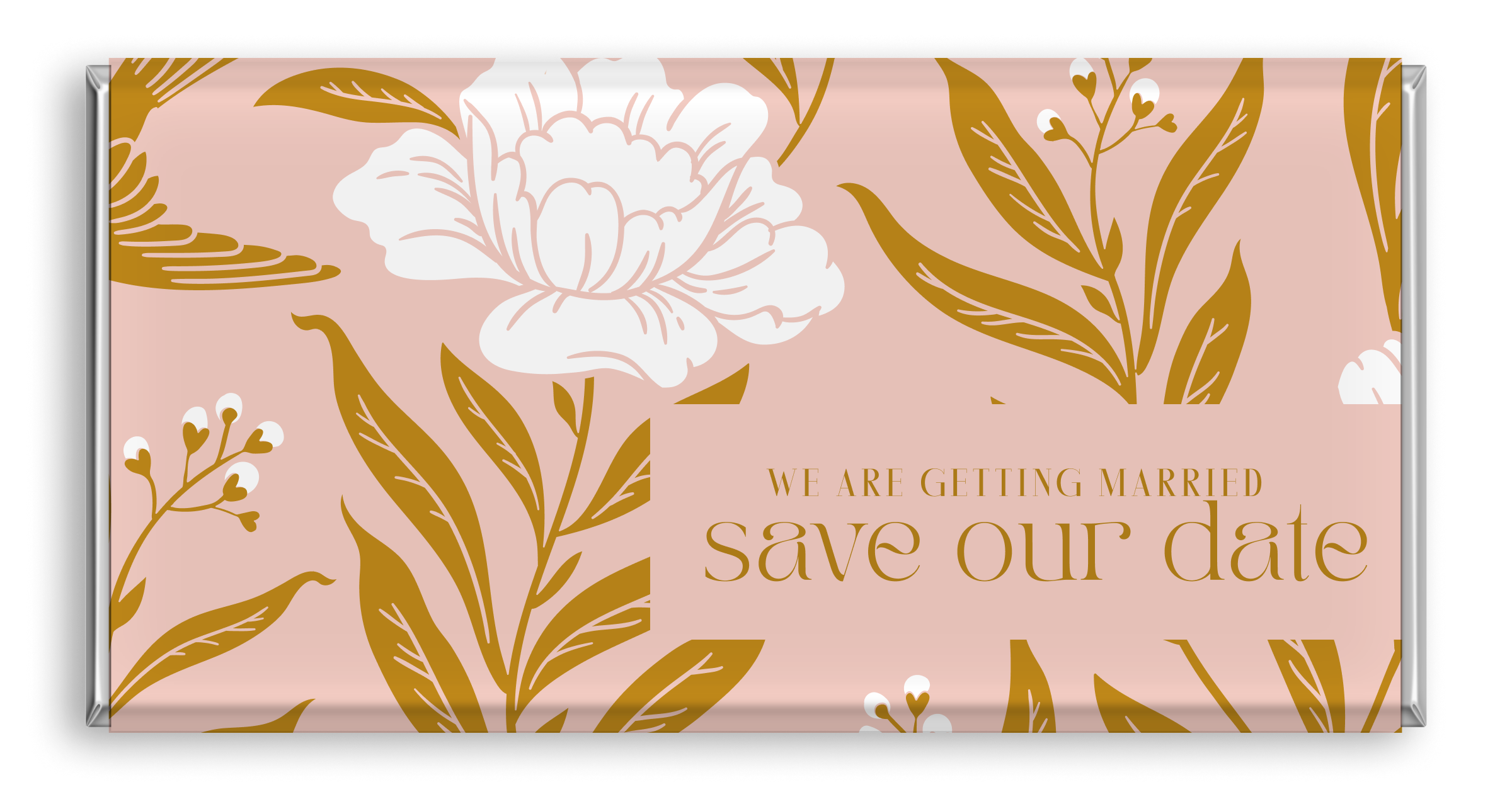 Chocolate bar with pink flowers and Save The Date design.