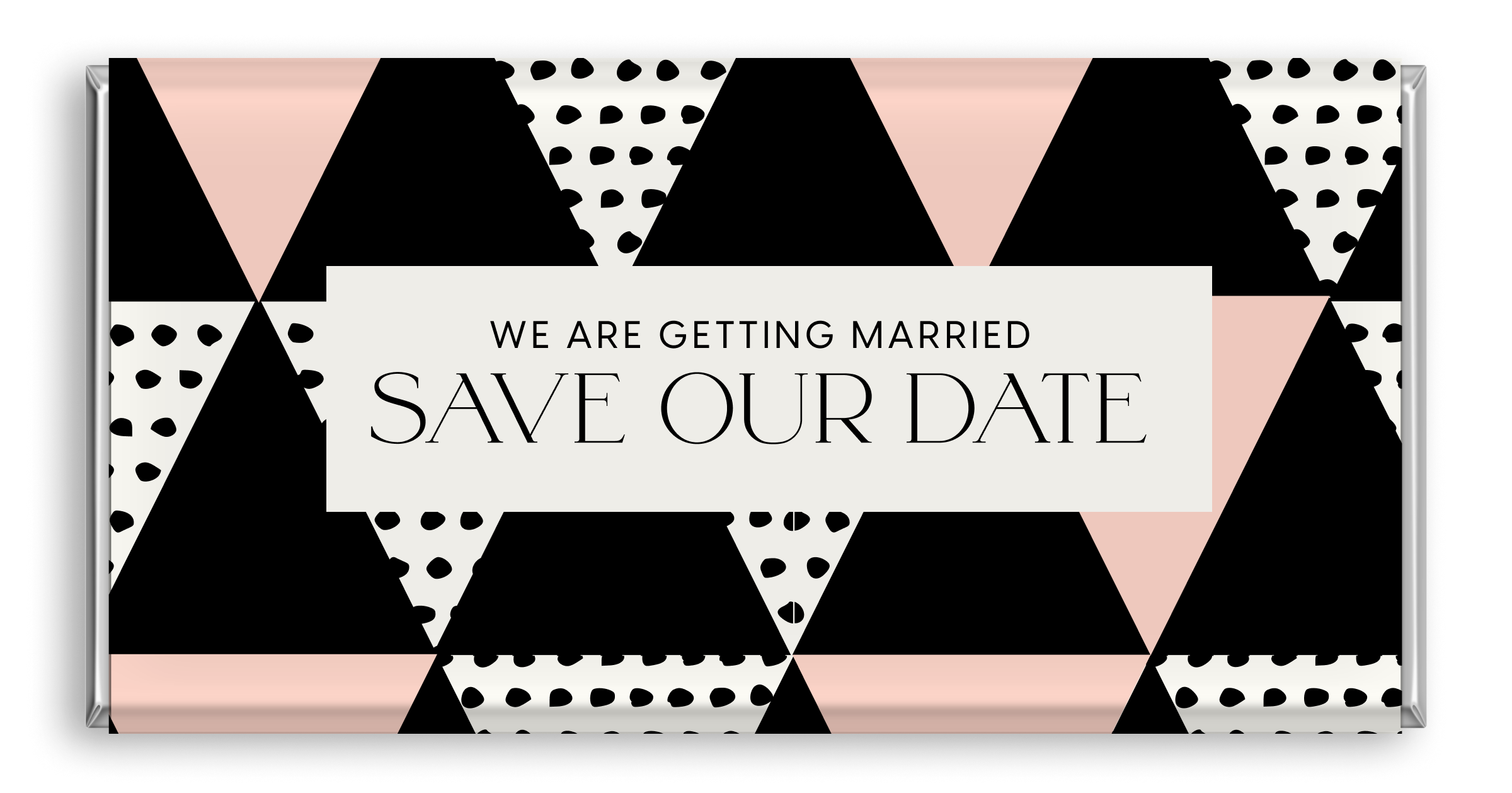 Chocolate bar with pink, white and black abstract and Save The Date design.