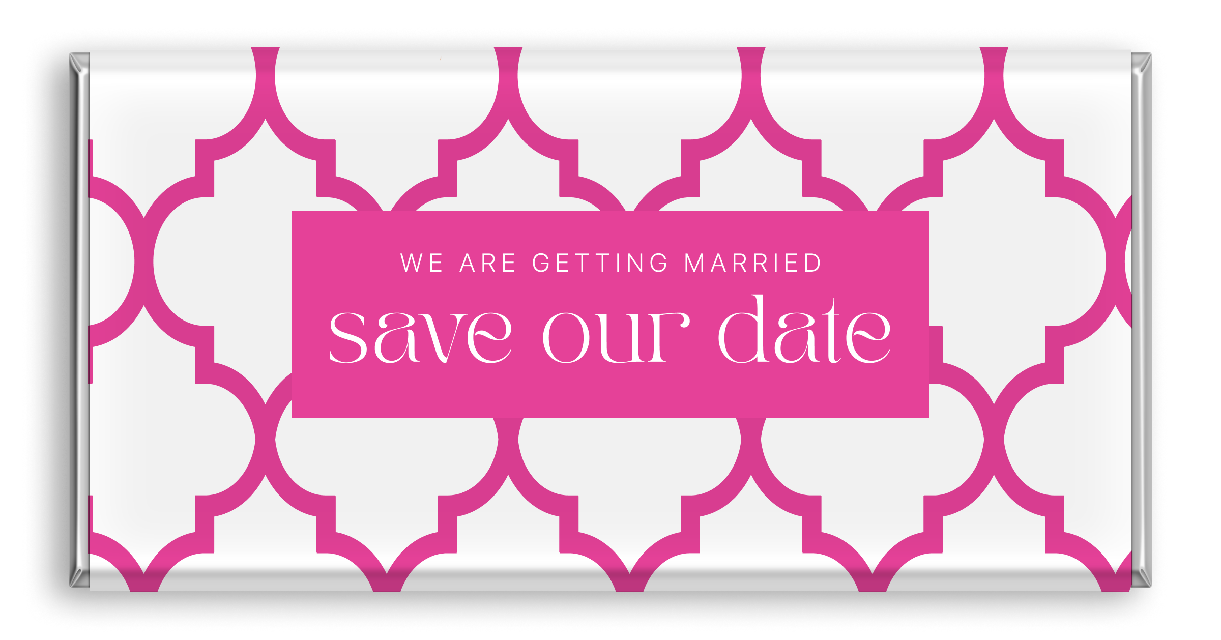 Chocolate bar with pink abstract and Save The Date design.