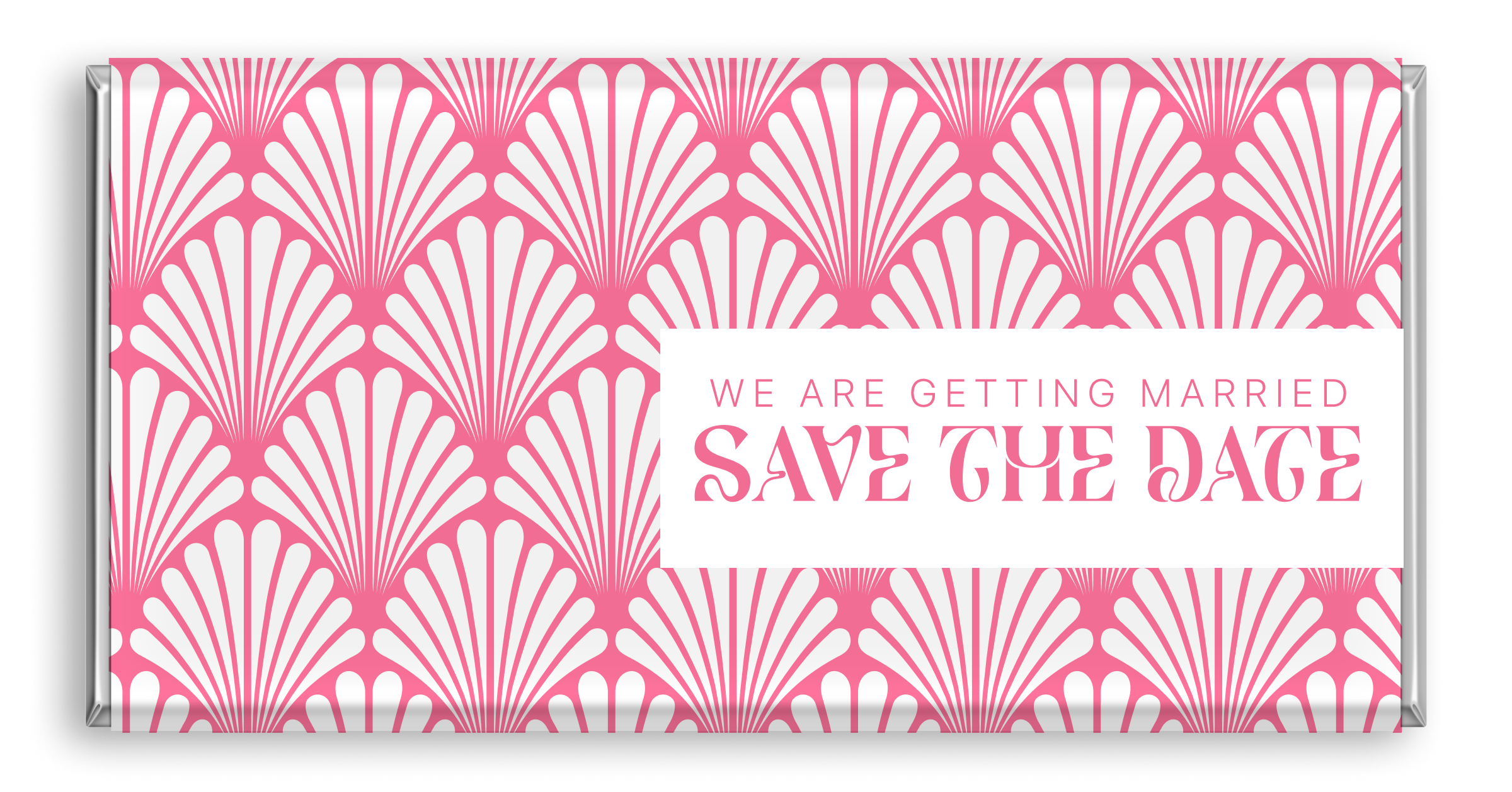 Chocolate bar with pink shell pattern and Save The Date design.