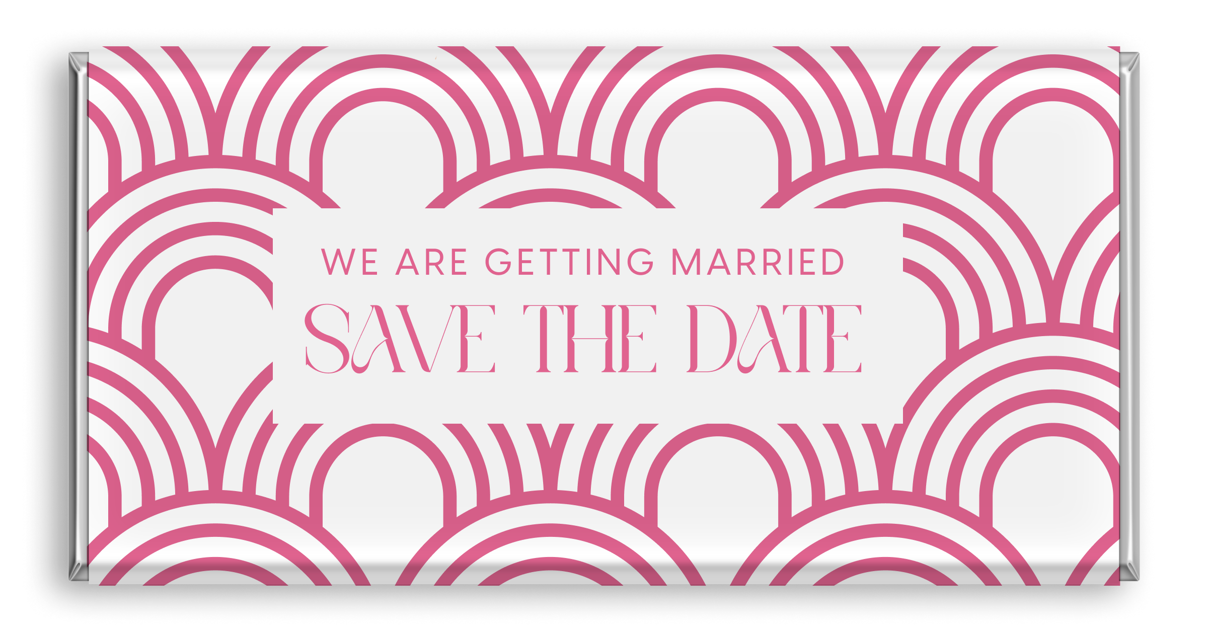 Chocolate bar with pink pattern and Save The Date design.