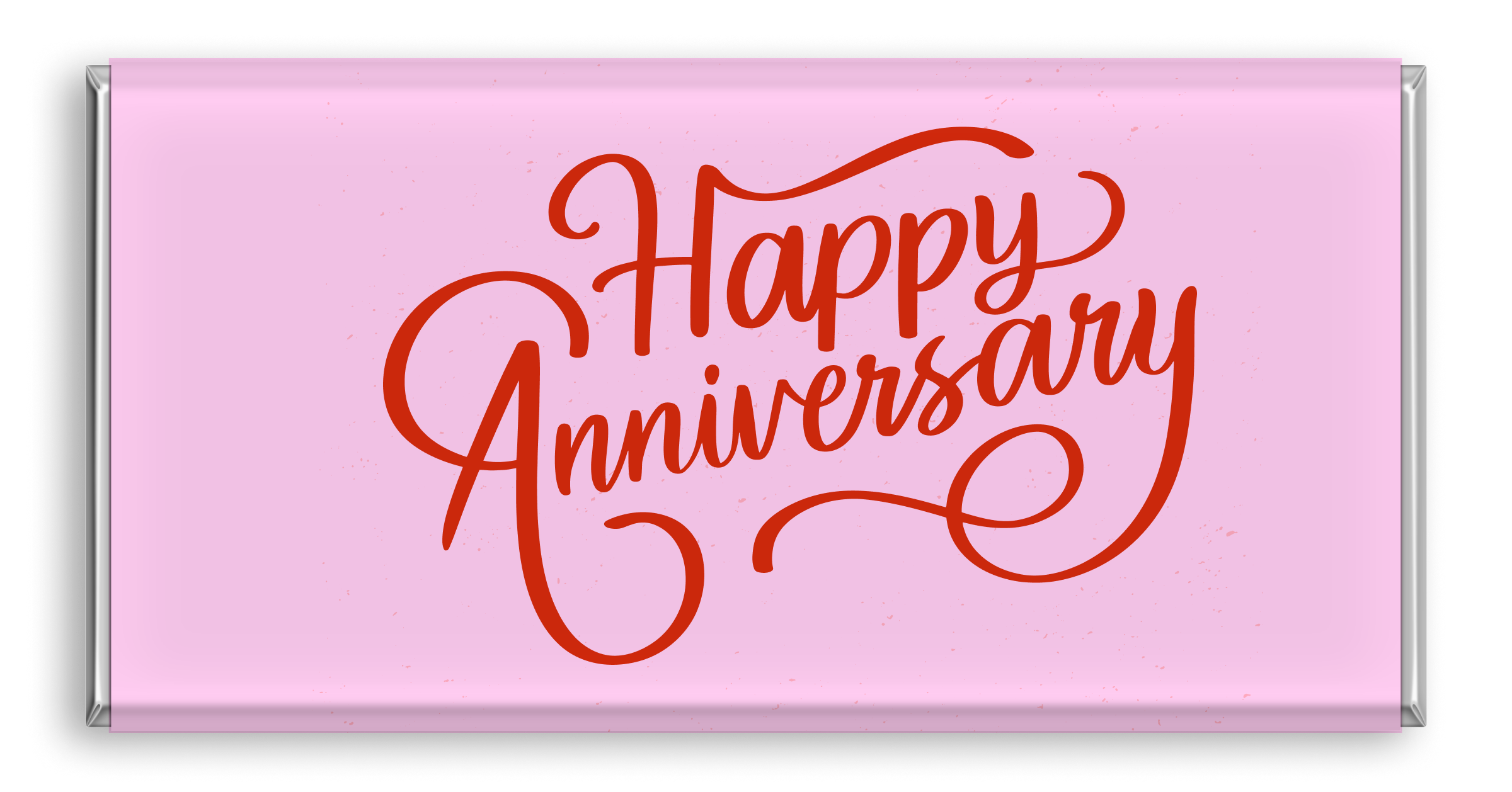 Chocolate bar with pink red 'Happy Anniversary' typography.