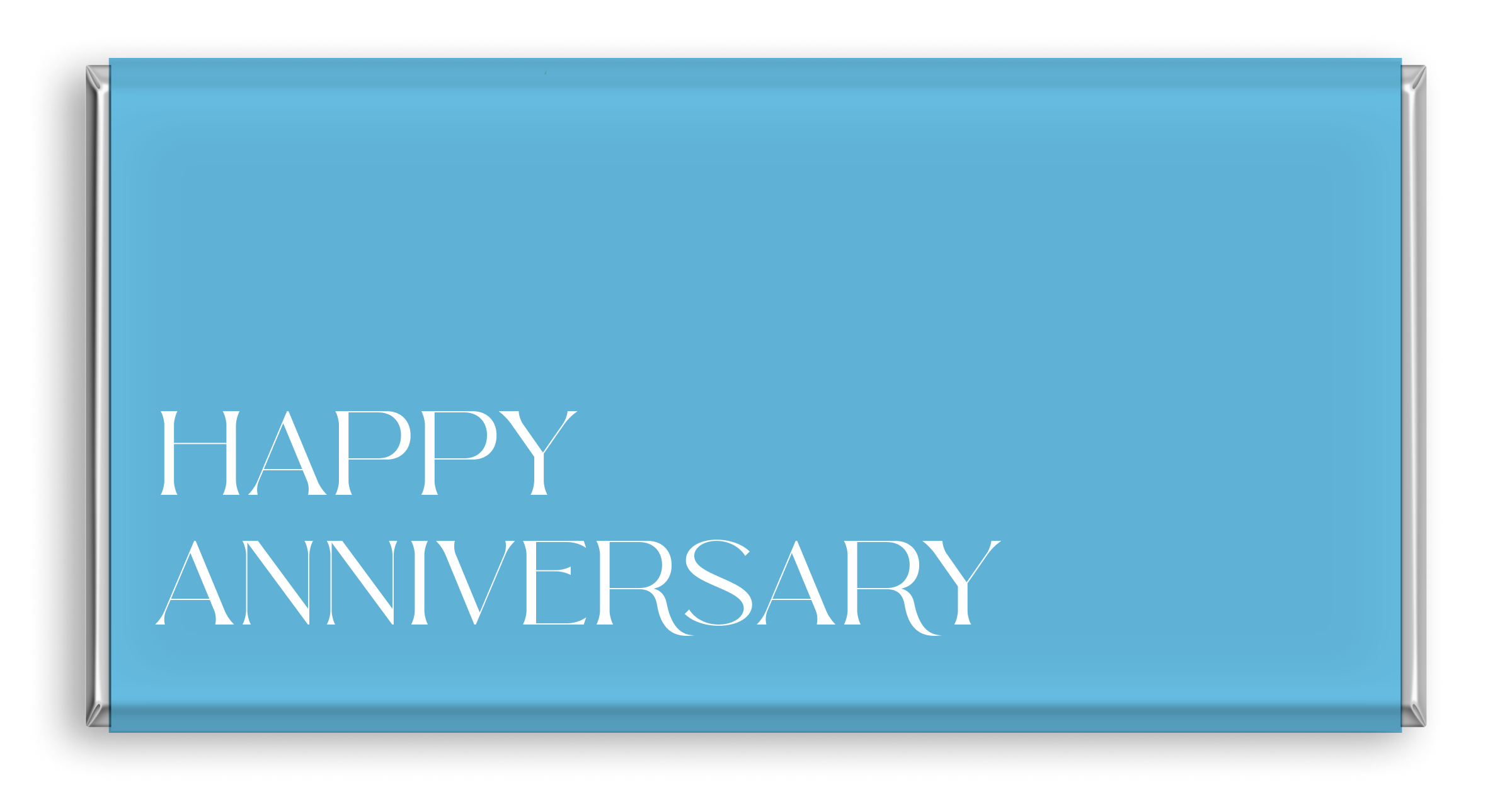 Chocolate bar with blue 'Happy Anniversary' typography.