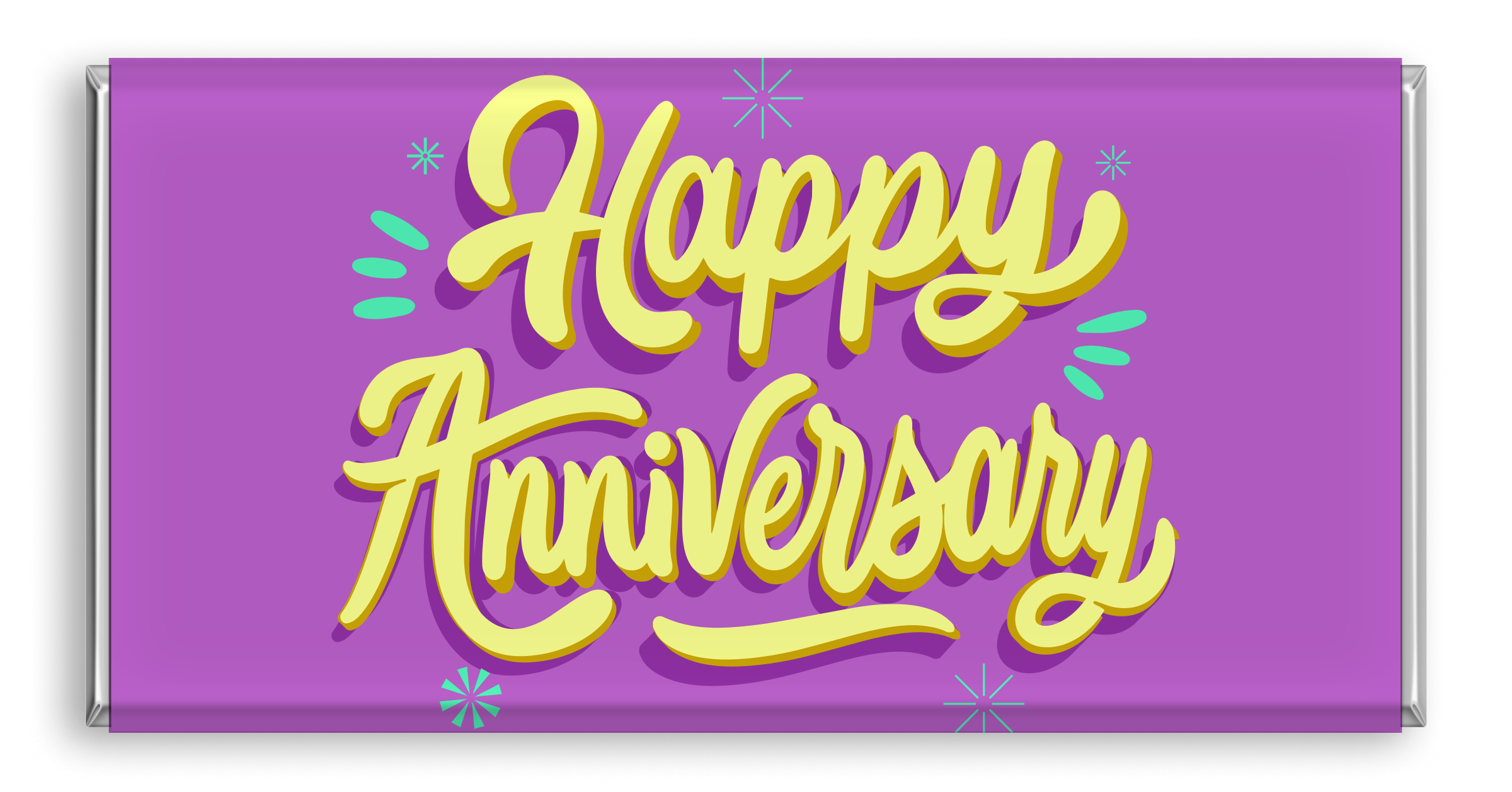 Chocolate bar with purple and yellow bold and bright 'Happy Anniversary' typography.