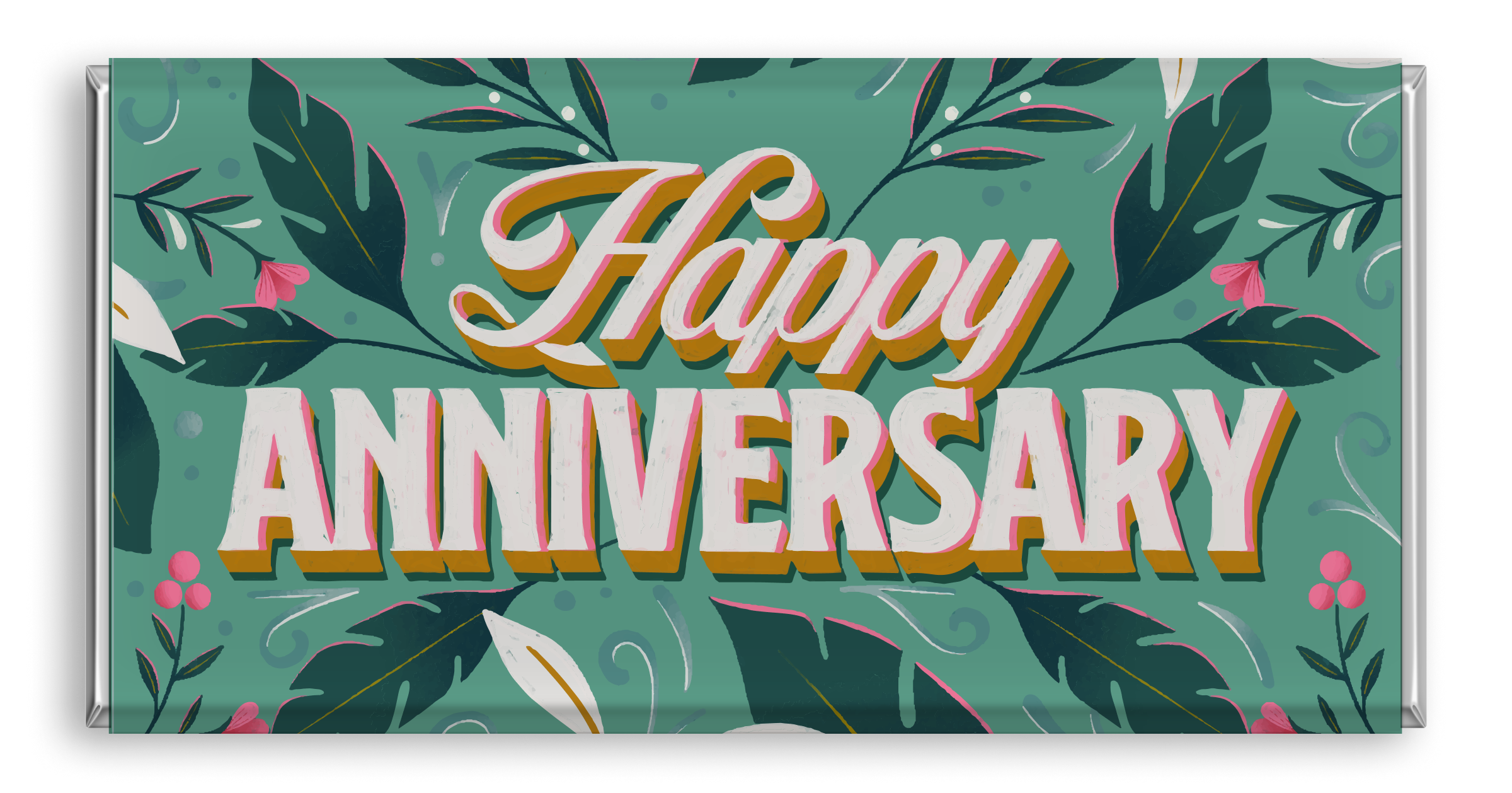 Chocolate bar with green floral 'Happy Anniversary' typography.