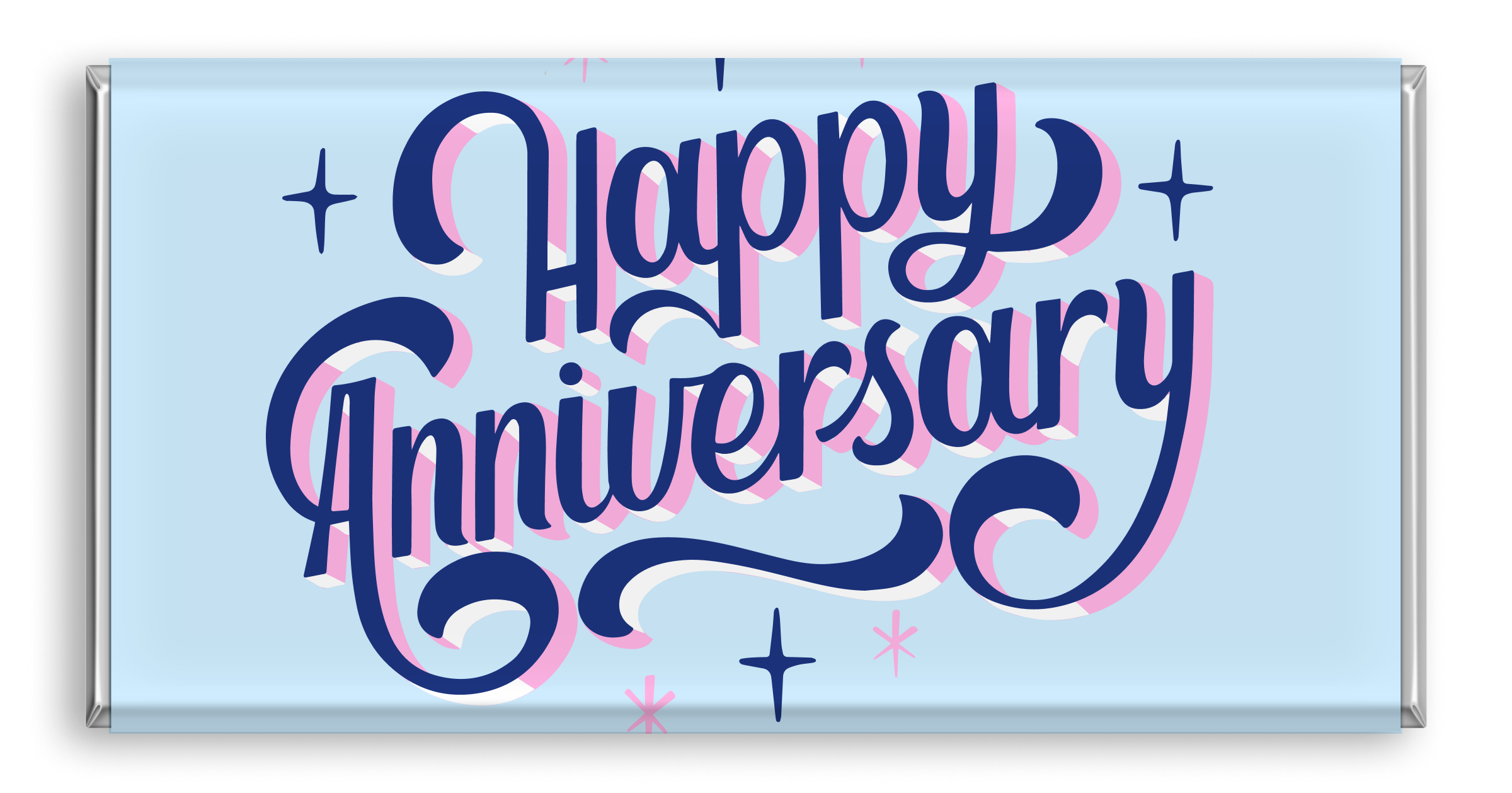 Chocolate bar with retro blue 'Happy Anniversary' typography.