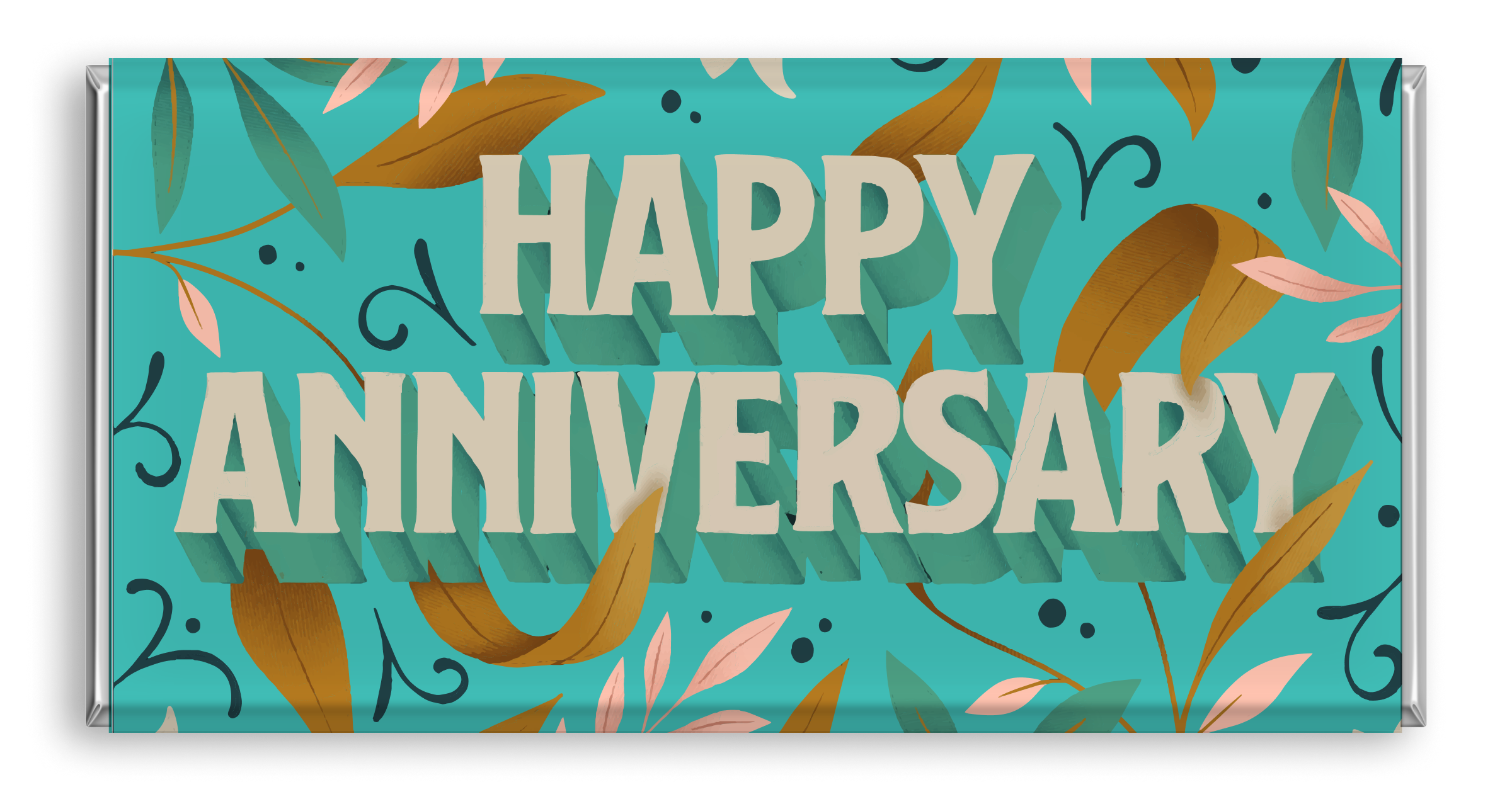 Chocolate bar with green floral 'Happy Anniversary' typography.