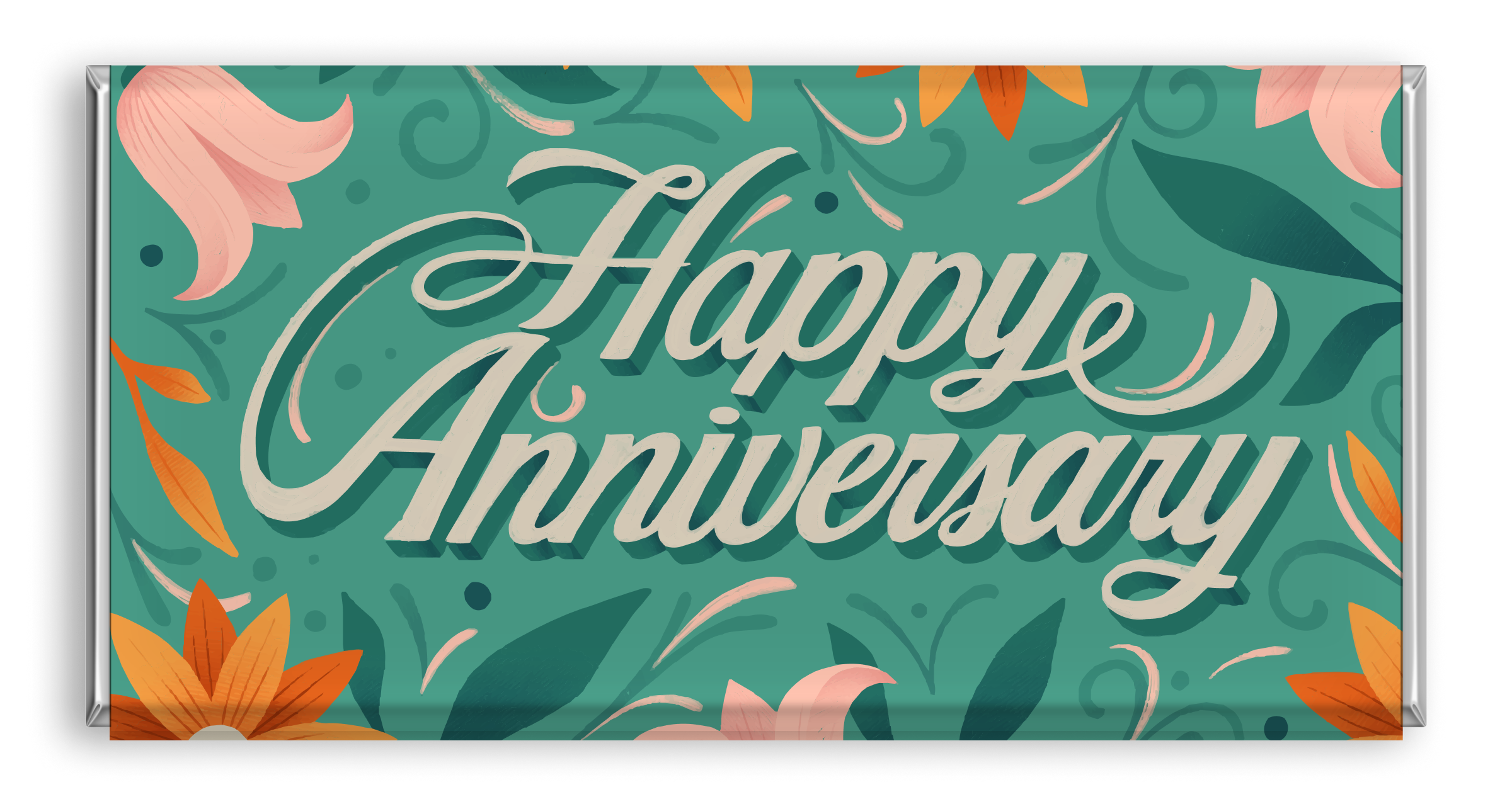 Chocolate bar with green floral 'Happy Anniversary' typography.