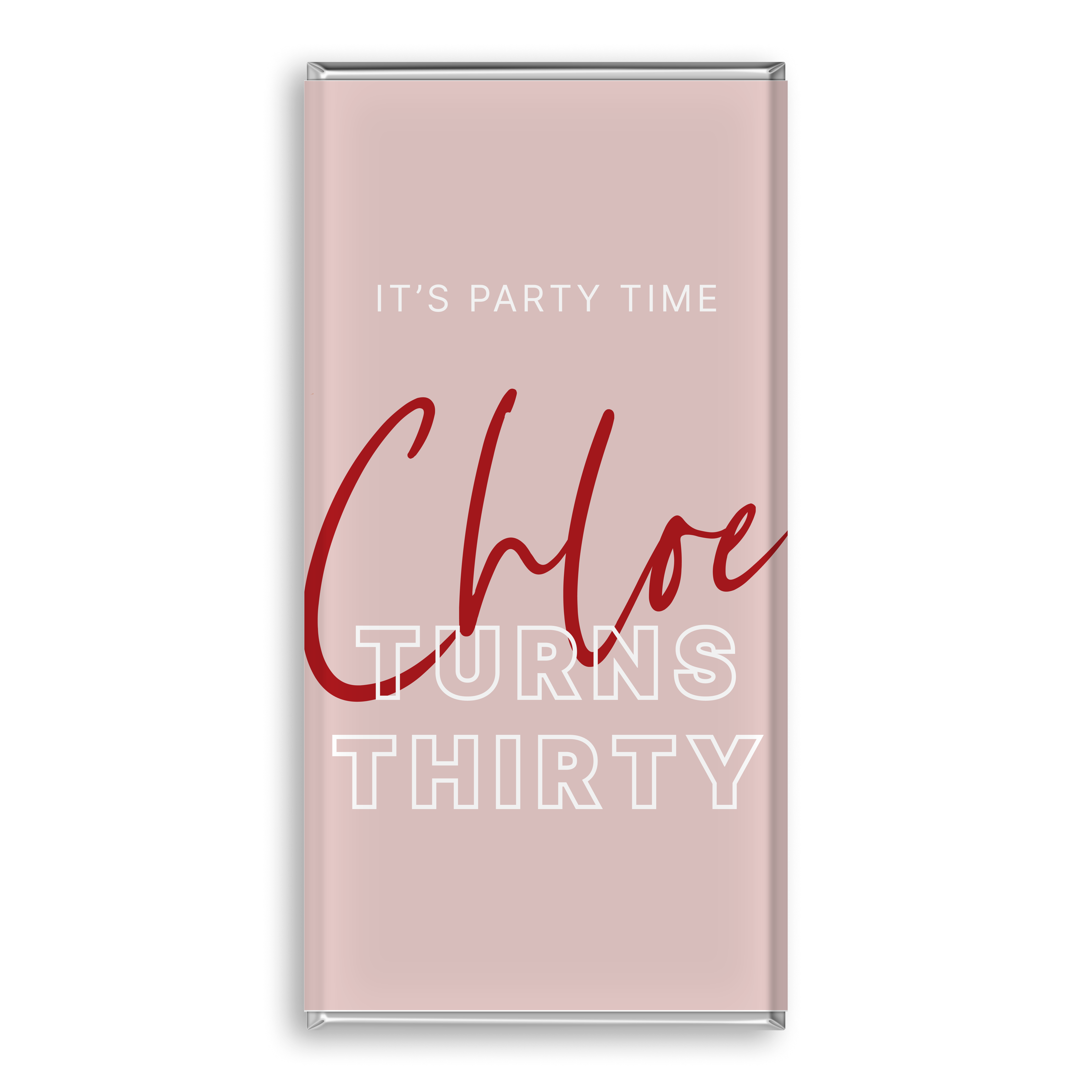 Elegant invitation for Chloe's 30th birthday party, featuring personalised chocolate bar.